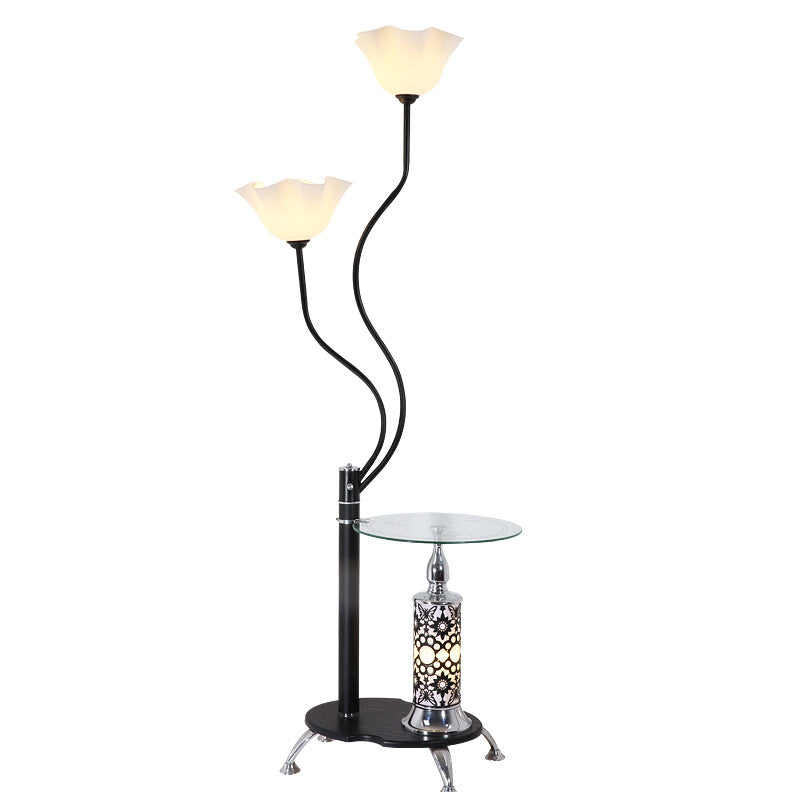 3 ampoules Open-Top Flower Floor Country Black Grosted Glass Standing Plancher Lampe avec plateau