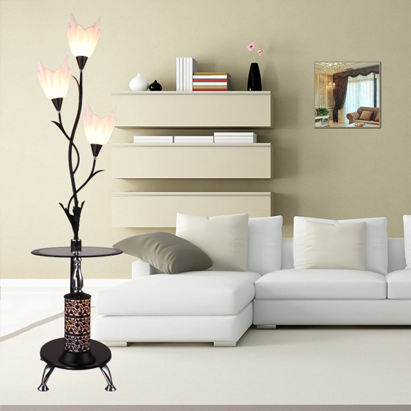 Black 3 Heads Tray Plancher lampadaire acrylique rural plancher de fleur debout clair pour le salon