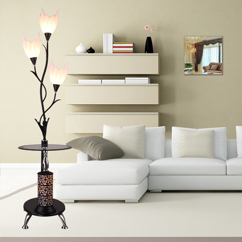 Black 3 Heads Tray Floor Lamp Rural Acrylic Flower Floor Standing Light for Living Room