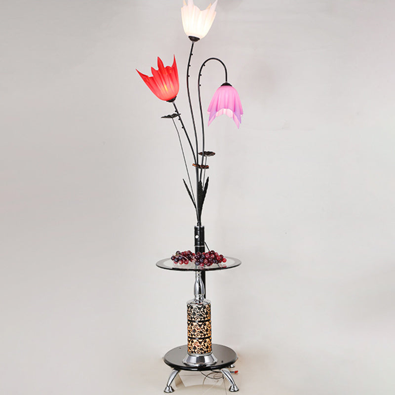 3-Light Flower Floor Light Countryside Black Acrylic Tray Floor Lamp for Living Room