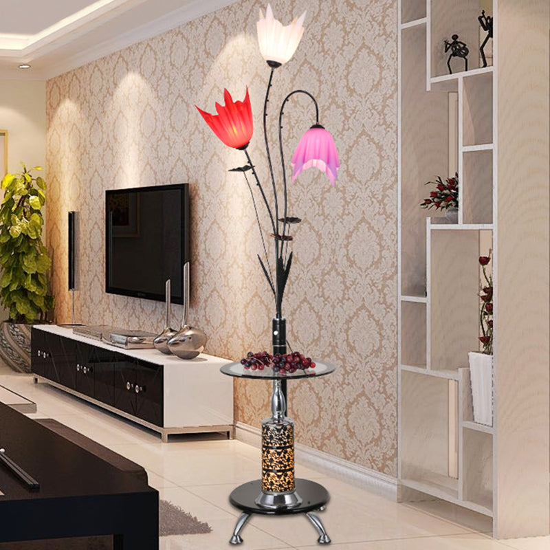 3-Light Flower Floor Light Countryside Black Acrylic Tray Floor Lamp for Living Room