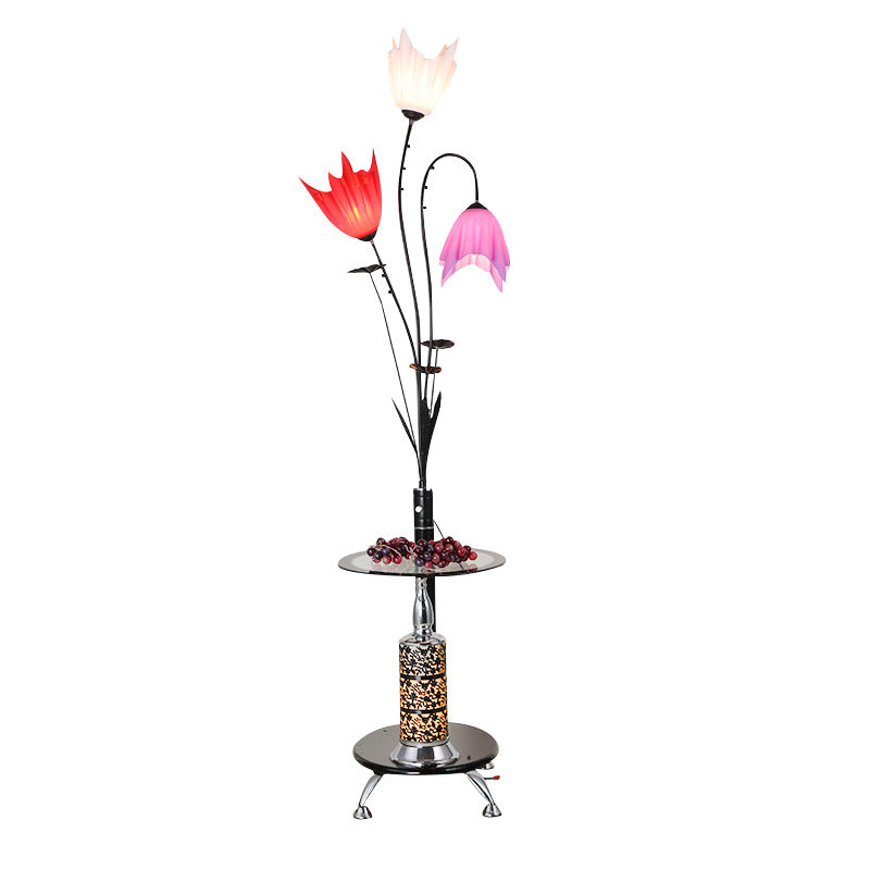 3-Light Flower Floor Light Countryside Black Acrylic Tray Floor Lamp for Living Room