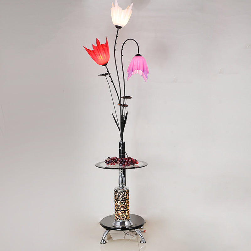 3-Light Flower Floor Light Countryside Black Acrylic Tray Floor Lamp for Living Room