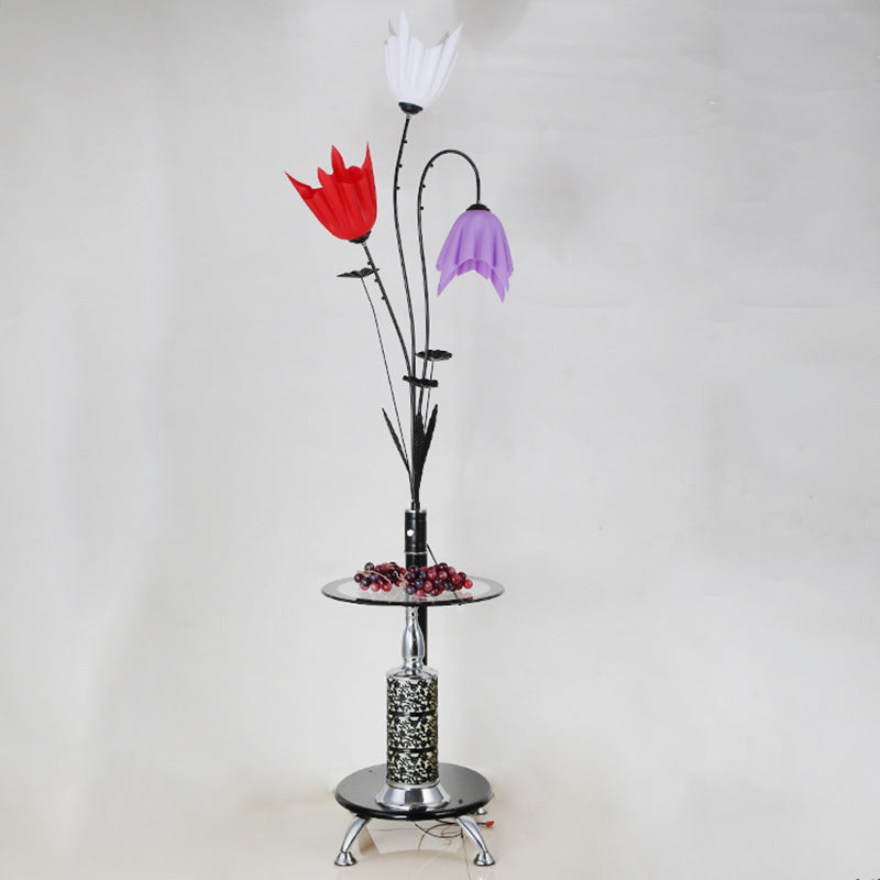 3-Light Flower Floor Light Countryside Black Acrylic Tray Floor Lamp for Living Room