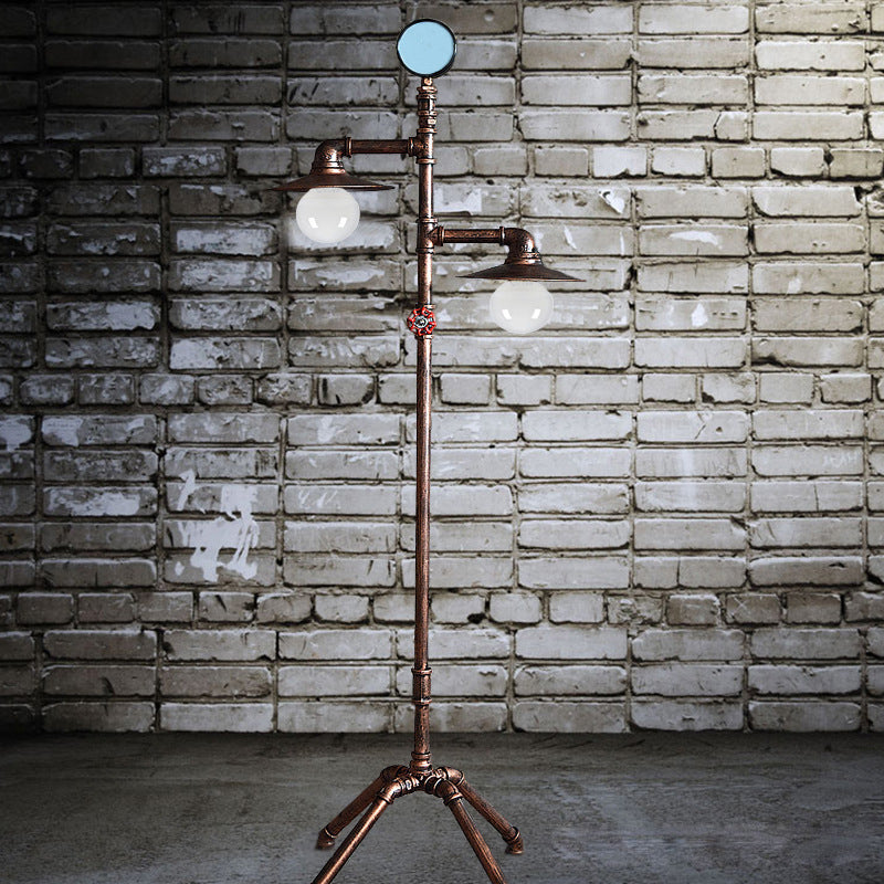 Weathered Bronze Pipe Floor Light Industrial Iron 2-Bulb Living Room Quadpod Floor Lamp with Saucer Lampshade