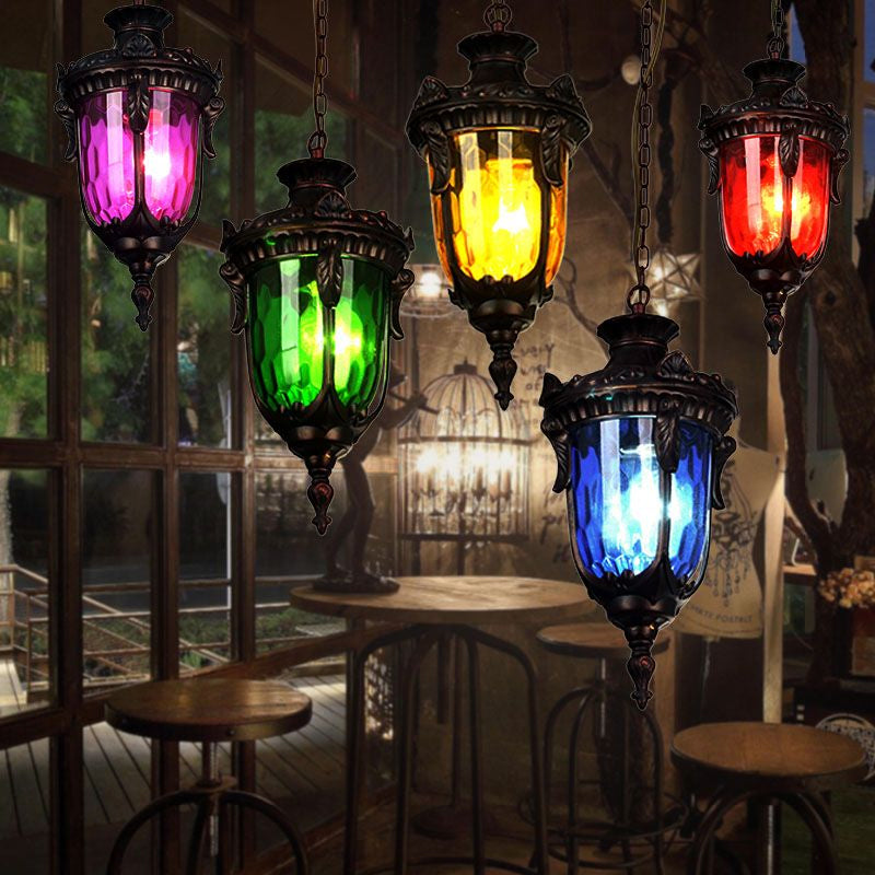 Traditional Urn Hanging Lamp Red/Yellow/Blue Glass 1/5 Bulbs Suspension Light for Living Room