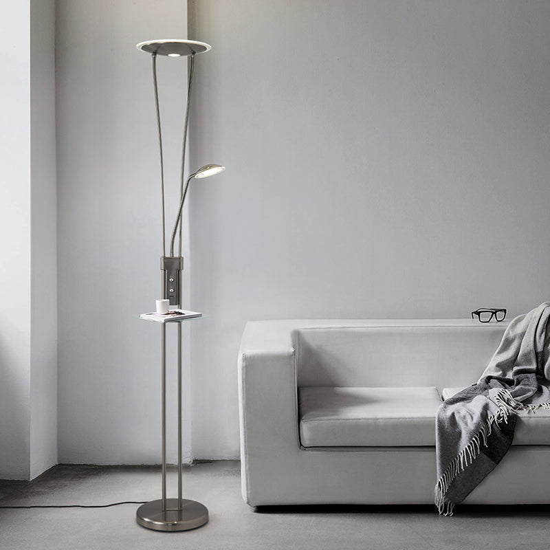 2-Head Living Room Reading Floor Lamp Modern Nickel LED Standing Light with Round Metal Shade