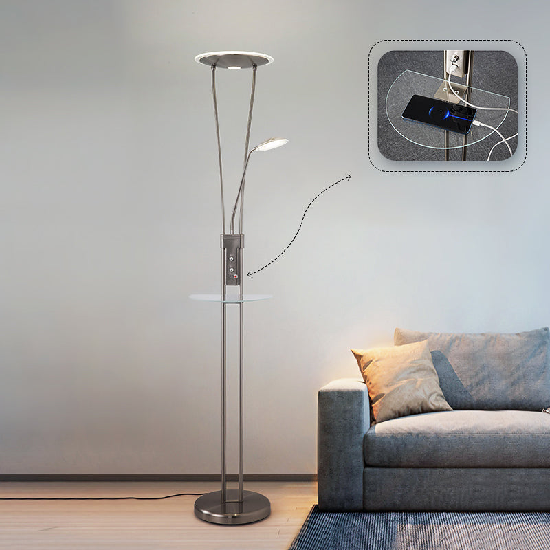 2-köpfiges Wohnzimmer-Lesen Stöber Lampe moderne Nickel-LED-Stehlicht mit runden Metallschatten