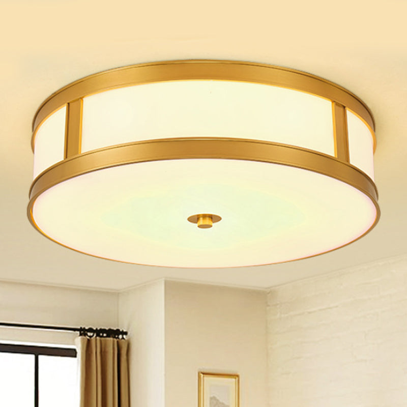 4 Lights White Glass Flush Light Fixture Traditional Brass Drum Living Room Ceiling Lighting, 14"/18" W