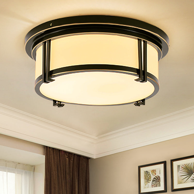 Black/Brass Drum Flush Mount Lamp Classic Frosted Glass LED Living Room Ceiling Light Fixture in Warm/White Light