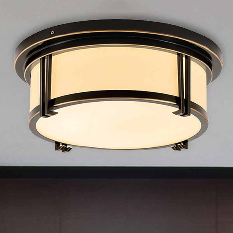 Black/Brass Drum Flush Mount Lamp Classic Frosted Glass LED Living Room Ceiling Light Fixture in Warm/White Light