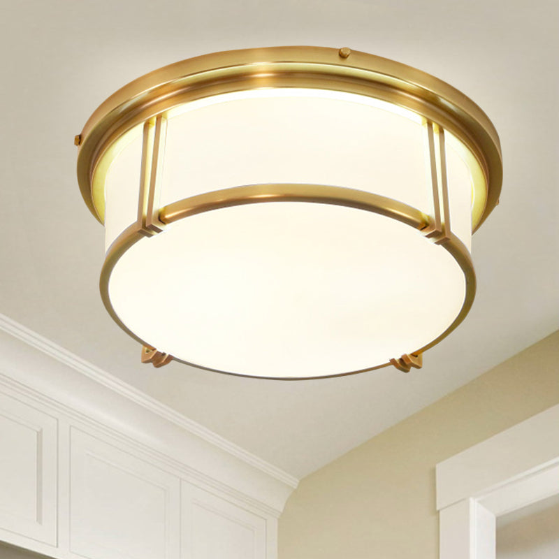 Black/Brass Drum Flush Mount Lamp Classic Frosted Glass LED Living Room Ceiling Light Fixture in Warm/White Light