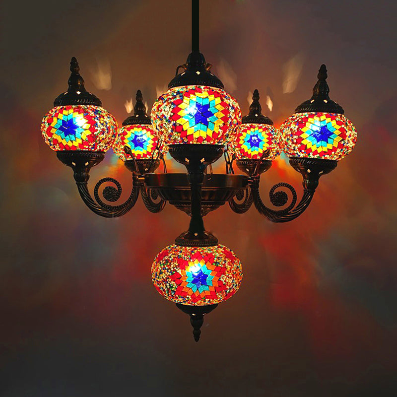 Curved Arm Pendant Chandelier Traditional Red/Blue/Orange Red Glass 6 Bulbs Hanging Light Fixture for Coffee Shop