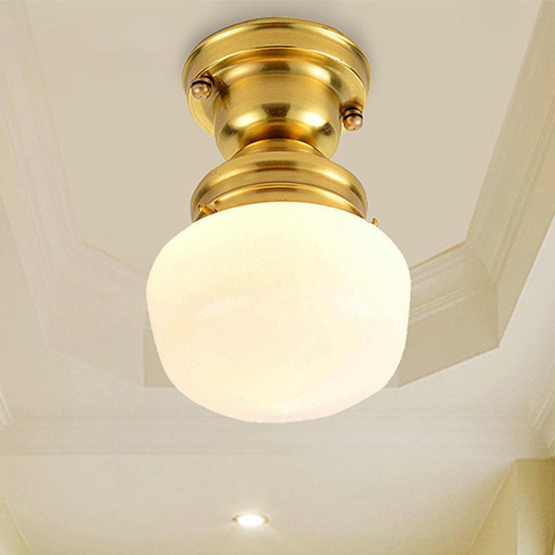 Round White Glass Flush Mount Lamp Classic 1 Light Living Room Ceiling Lighting in Brass