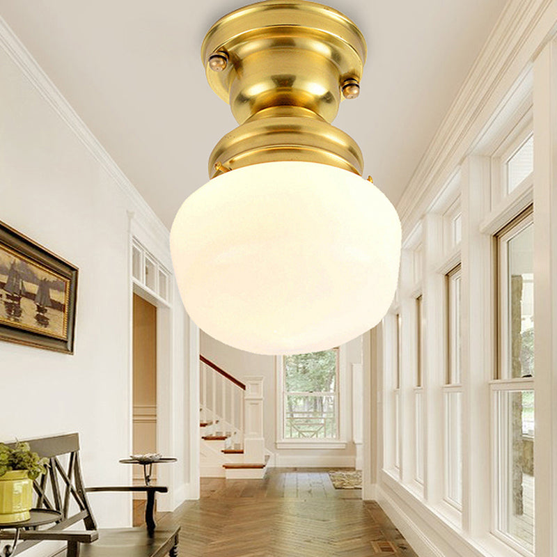 Round White Glass Flush Mount Lamp Classic 1 Light Living Room Ceiling Lighting in Brass