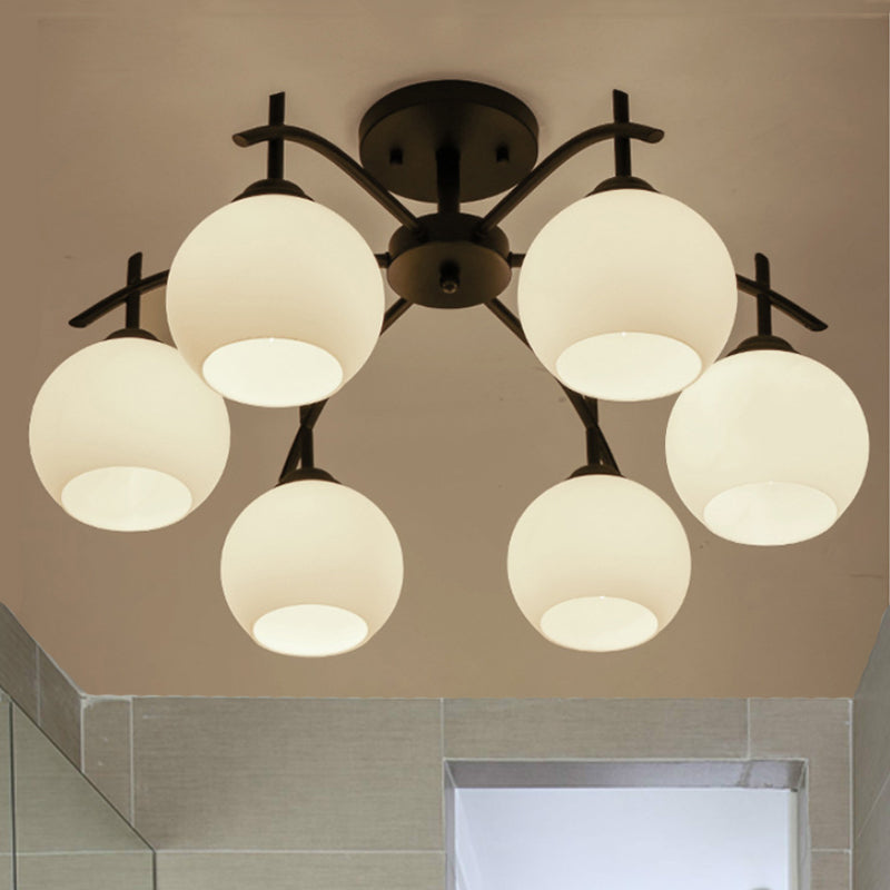 Globe White Glass Semi Flush tradizionale 3/5/6 Luci soggiorno Lampada a soffitto in nero