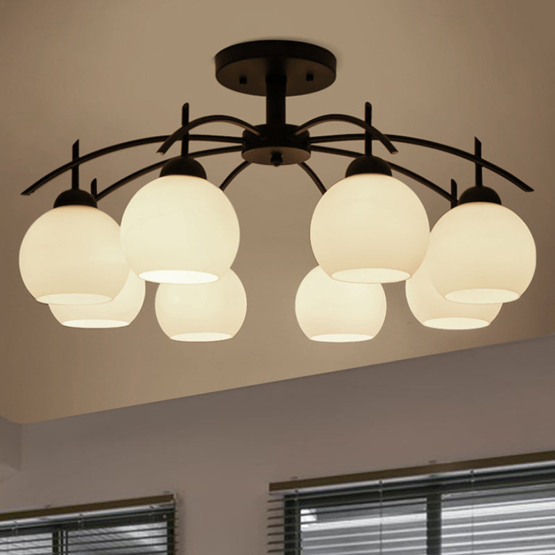 Globe White Glass Semi Flush tradizionale 3/5/6 Luci soggiorno Lampada a soffitto in nero