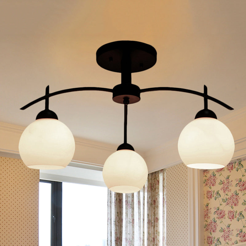 Globe White Glass Semi Flush tradizionale 3/5/6 Luci soggiorno Lampada a soffitto in nero