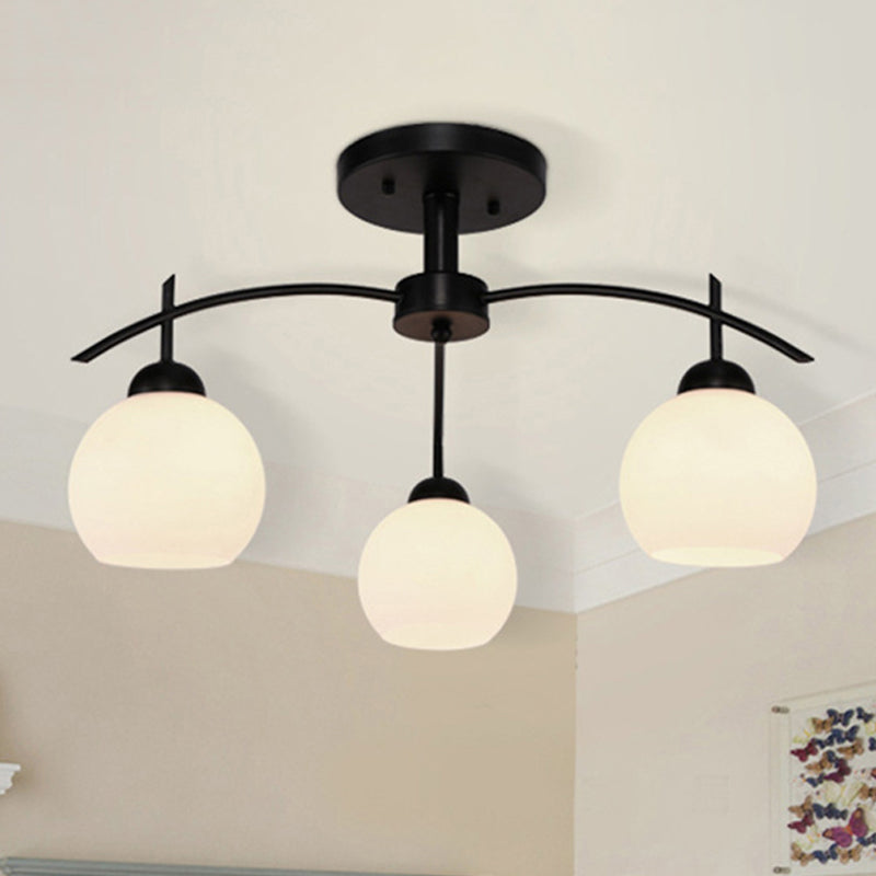 Globe White Glass Semi Flush tradizionale 3/5/6 Luci soggiorno Lampada a soffitto in nero