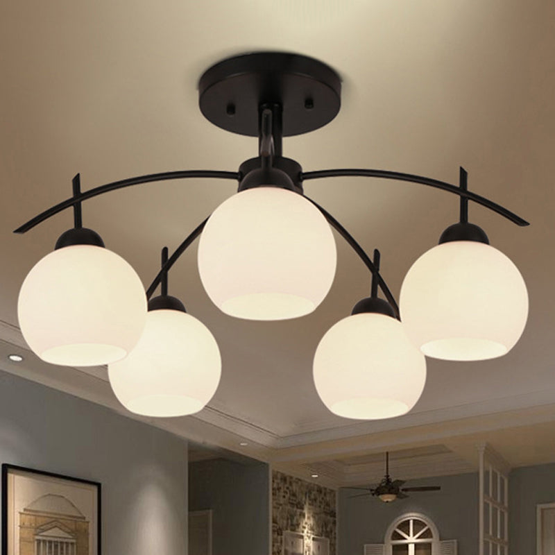 Globe White Glass Semi Flush traditionnel 3/5/6 Lights Livrage de plafond de salon en noir