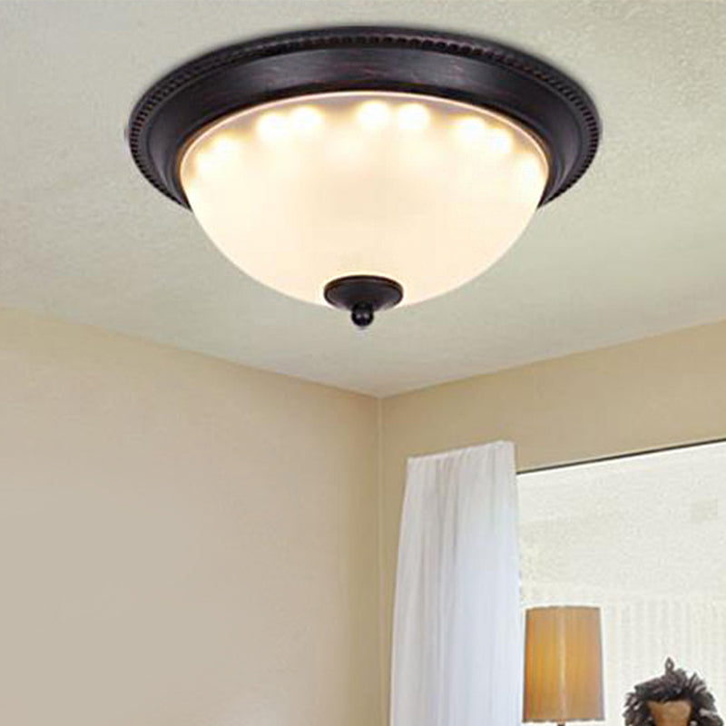 2 Lights Frosted Glass Flush Light Fixture Traditional Black Bowl Shaped Living Room Ceiling Lighting, 11"/15" Wide