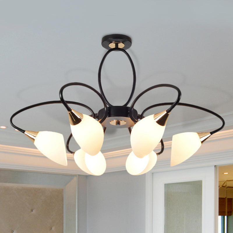 6/8 Lights Semi Flush Mount Traditional Oval White Glass Ceiling Light in Black for Living Room