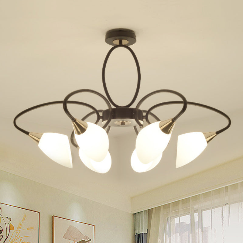 6/8 Lights Semi Flush Mount Traditional Oval White Glass Ceiling Light in Black for Living Room