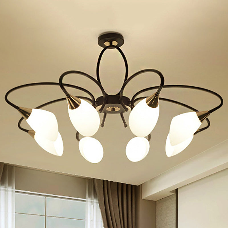 6/8 Lights Semi Flush Mount Traditional Oval White Glass Ceiling Light in Black for Living Room