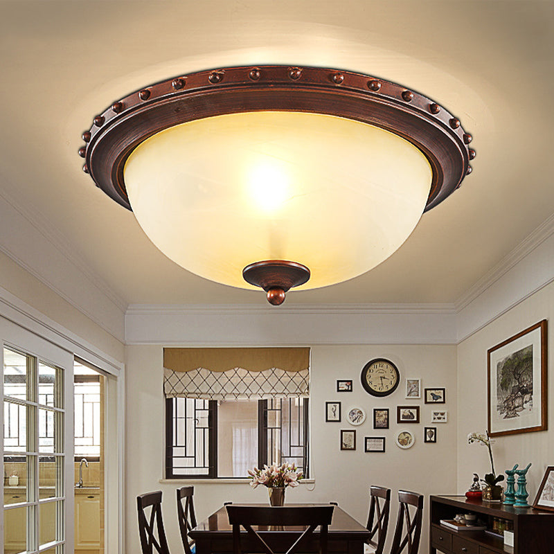 2/3 Lights Flushmount Lighting Traditional Bowl White Glass Ceiling Light in Bronze for Living Room, 15"/19" Wide