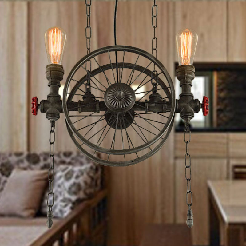 Rustic Style Exposed Bulb Hanging Light with Wheel Design 2 Lights Wrought Iron Pendant Chandelier in Bronze