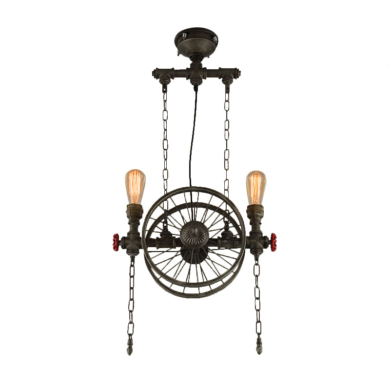 Rustic Style Exposed Bulb Hanging Light with Wheel Design 2 Lights Wrought Iron Pendant Chandelier in Bronze