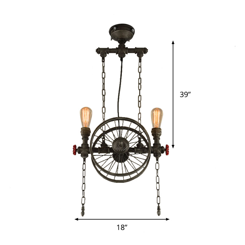 Rustic Style Exposed Bulb Hanging Light with Wheel Design 2 Lights Wrought Iron Pendant Chandelier in Bronze