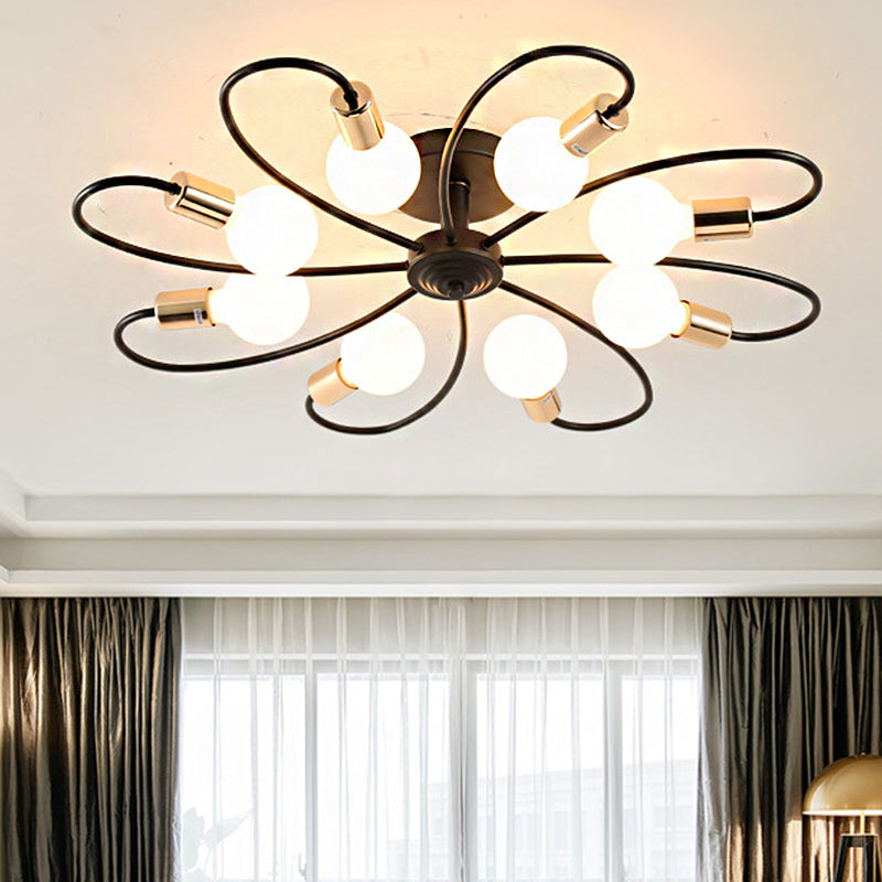 3/6/8 Lights Metal Semi Flush Light Traditional Black Exposed Bulb Living Room Ceiling Lighting