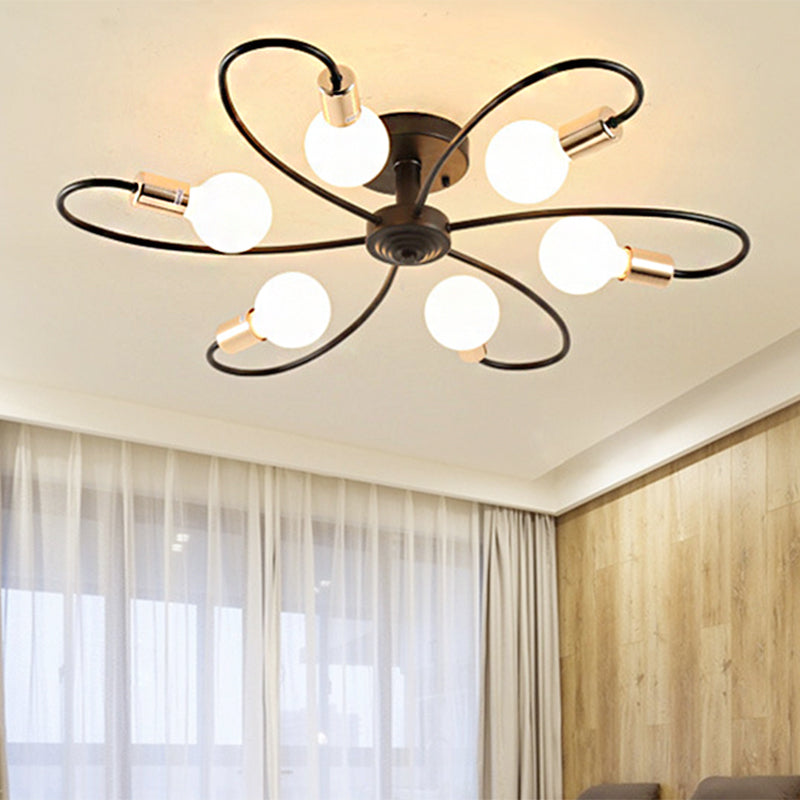 3/6/8 Lights Metal Semi Flush Light Traditional Black Exposed Bulb Living Room Ceiling Lighting