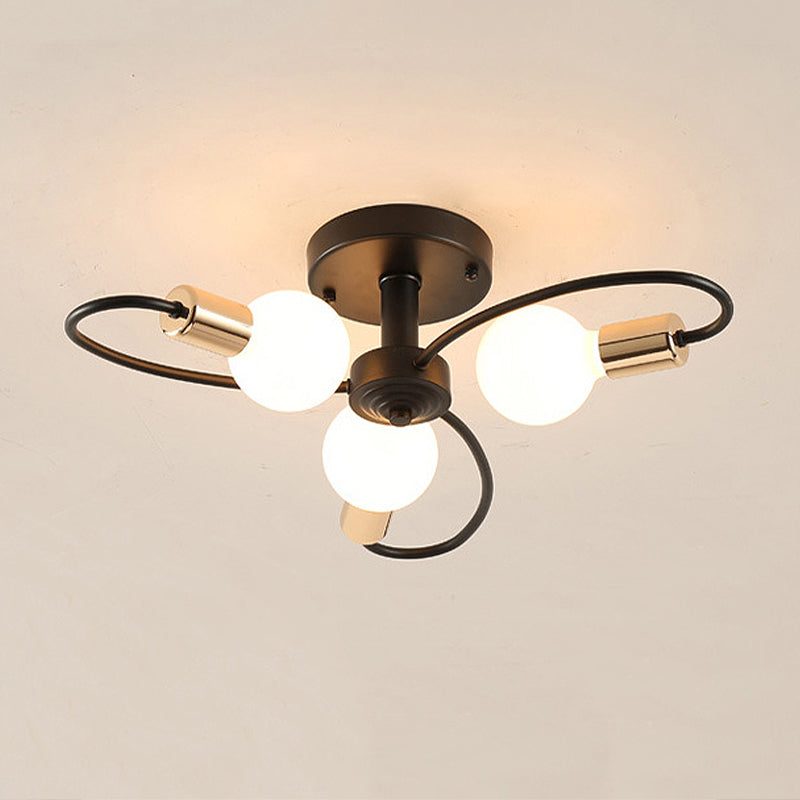 3/6/8 Lights Metal Semi Flush Light Traditional Black Exposed Bulb Living Room Ceiling Lighting