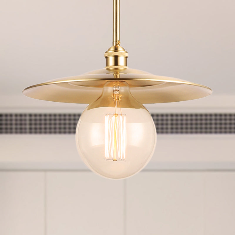 Mid Century Flat Shade Ceiling Fixture 1 Bulb Metallic Pendant Lighting in Brass Finish over Table