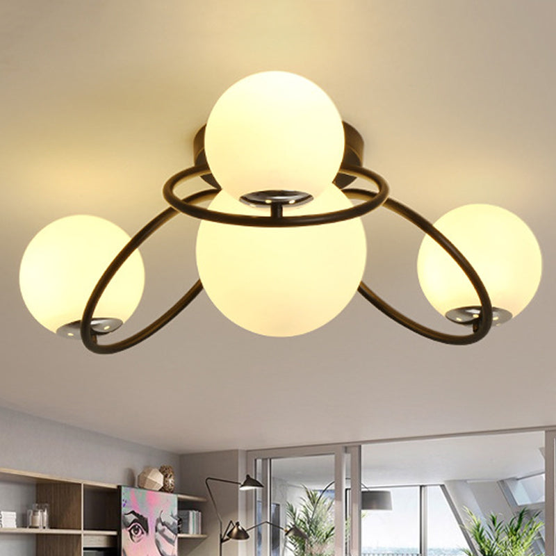 Round Opal Glass Semi Flush Mount Classic 4 Lights Living Room Ceiling Lighting in Black/White