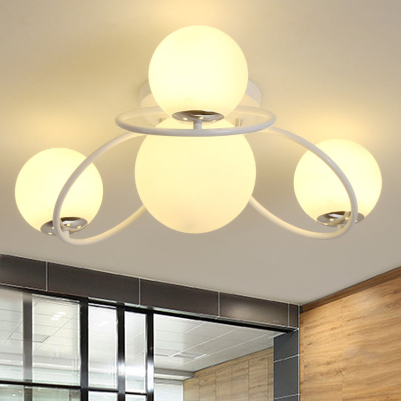 Round Opal Glass Semi Flush Mount Classic 4 Lights Living Room Ceiling Lighting in Black/White