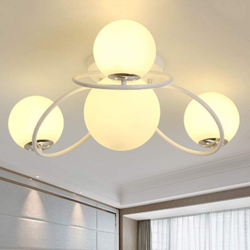 Round Opal Glass Semi Flush Mount Classic 4 Lights Living Room Ceiling Lighting in Black/White