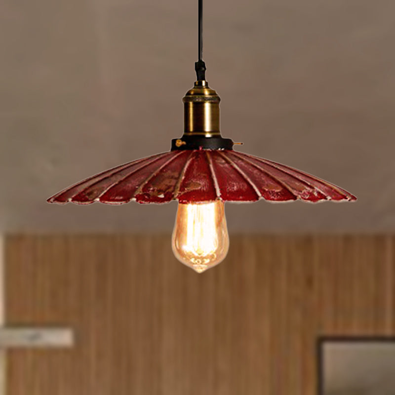 Red Scalloped Shade Hanging Light Fixture Rustic Style Metallic 1 Bulb Coffee Shop Pendant Lamp