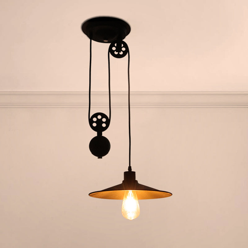 1 Light Pulley Pendant Light with Flared Shade Farmhouse Style Black Metal Hanging Lamp for Indoor