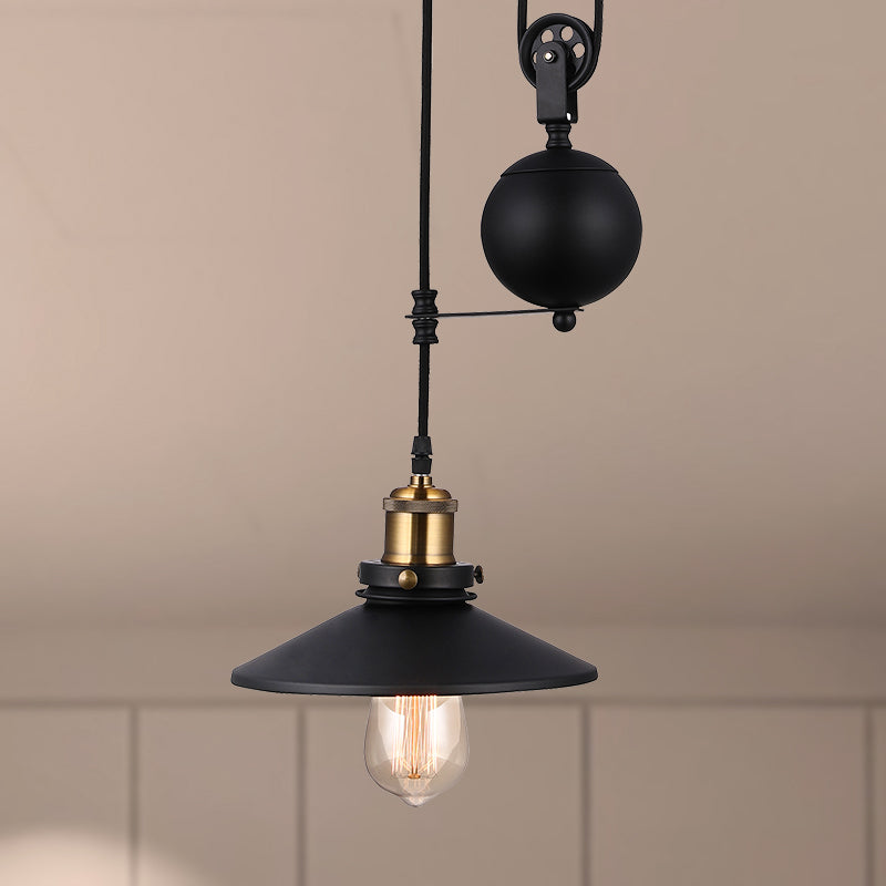 Lampada con soffitto conico nero in stile vintage metallico 1 bulbo soggiorno appeso a sospensione con puleggia