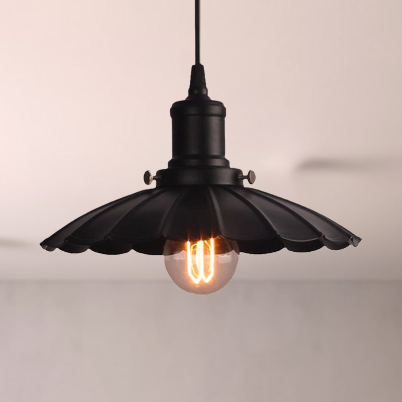 Black Scalloped Hanging Lamp Vintage Industrial Metal 1 Bulb Indoor Ceiling Light Fixture, 10"/12" Diameter