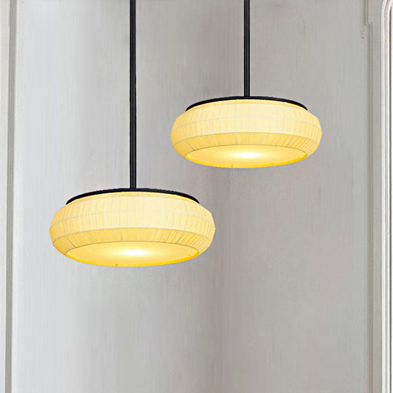 1 licht hangend plafondlicht met ronde stof schaduw klassieke woonkamer hangerverlichting in wit, 16 "/19,5" breed
