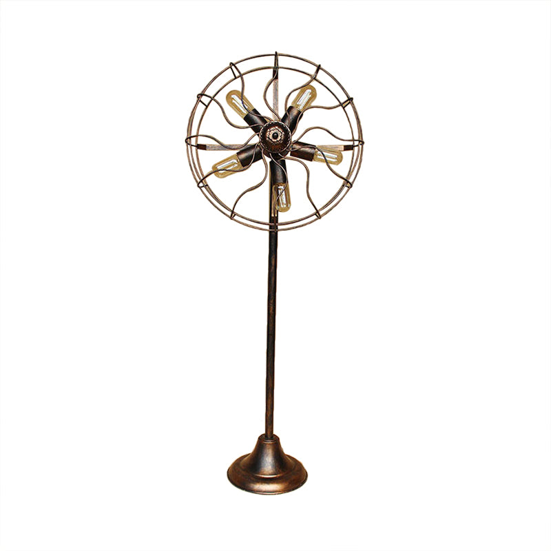 Antique Bronze Fan Design Floor Lamp with Cage Shade Rustic Loft Wrought Iron 5 Lights Indoor Floor Light