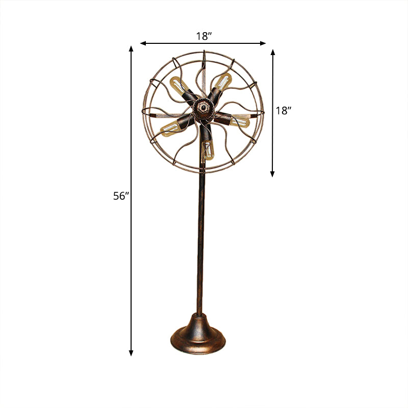 Lampada da pavimento del design del ventilatore antico in bronzo con gamba in ferro battuto a soppalco rustico 5 luci da pavimento interno