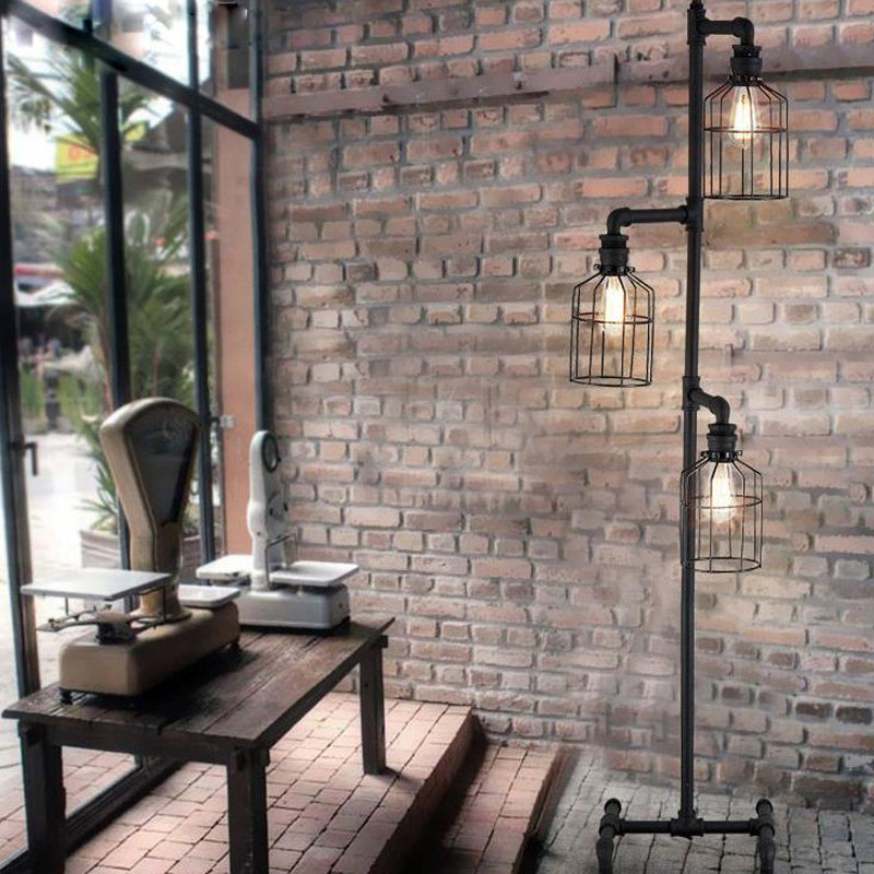 Birdcage Living Room Standing Floor Lamp with Wire Guard Industrial Rustic Iron 3 Lights Black Floor Light