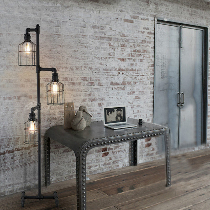 Birdcage Living Room Standing Fermer Pinder With Gard Industrial Industrial Iron Rustic 3 LICTES BLACK Floor Light