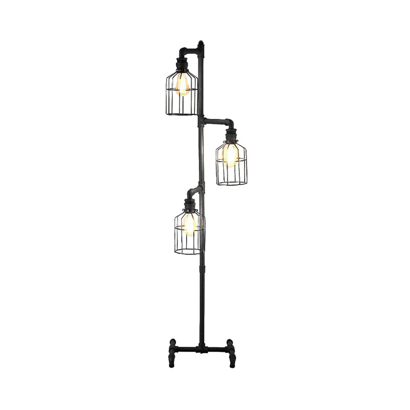 Lámpara de estar de sala de estar de jaula de pájaros con protector de alambre de hierro rústico industrial 3 luces luz de piso negro