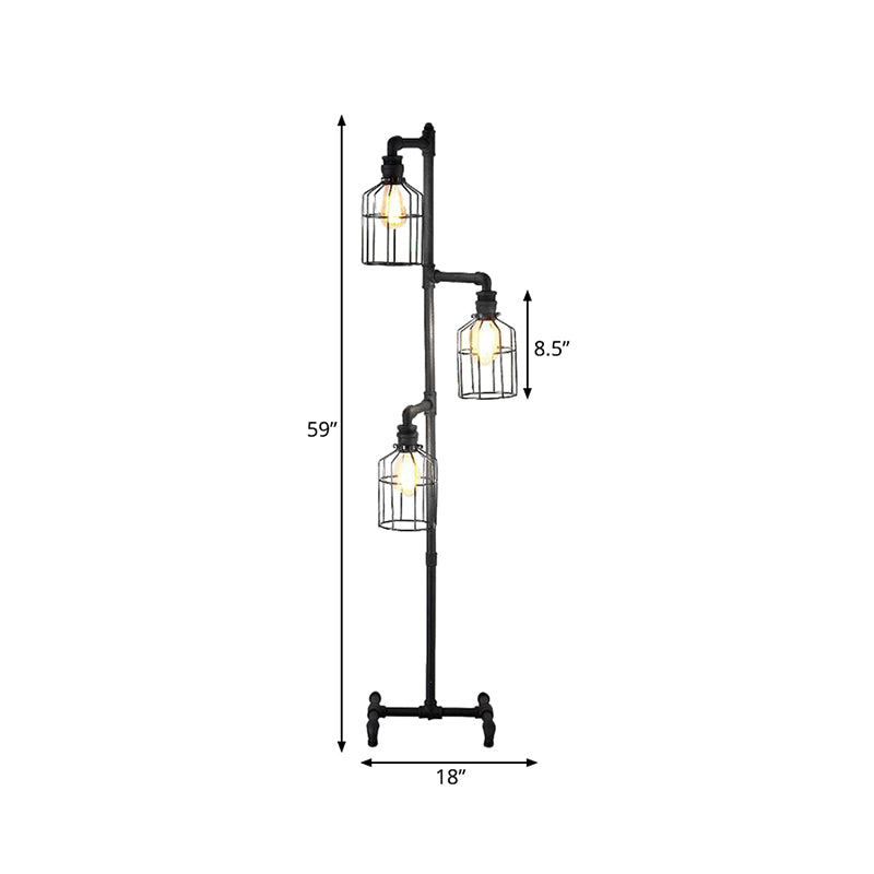 Birdcage Living Room Standing Fermer Pinder With Gard Industrial Industrial Iron Rustic 3 LICTES BLACK Floor Light